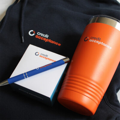 Customized corporate gifts with company logo on the products.